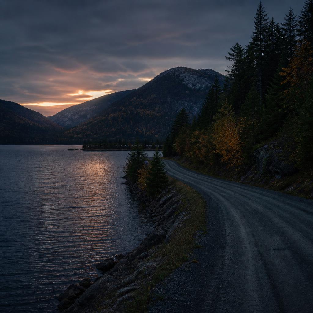 Paysage québécois : lac, forêt et montagnes au crépuscule